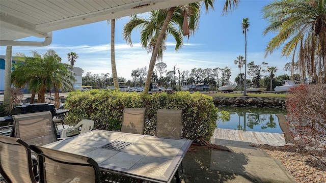 view of patio with a water view