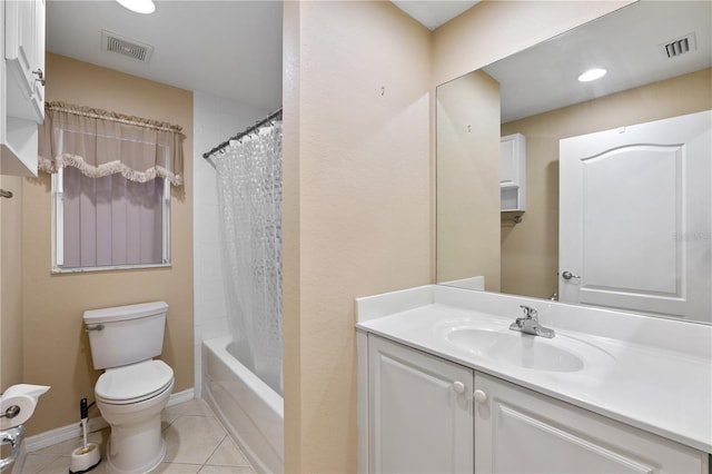 full bathroom with tile patterned flooring, vanity, shower / bath combination with curtain, and toilet