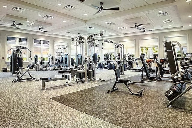 workout area featuring ceiling fan