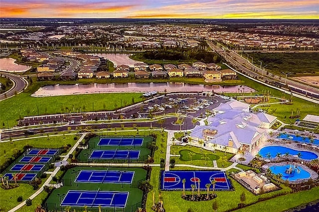 view of aerial view at dusk