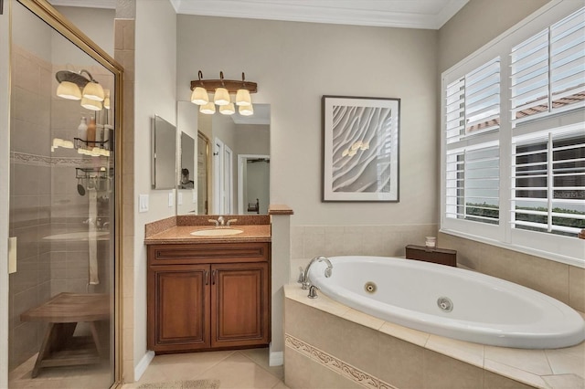 bathroom featuring shower with separate bathtub, vanity, tile patterned floors, and crown molding