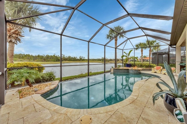 view of swimming pool with a lanai, a water view, and a patio area