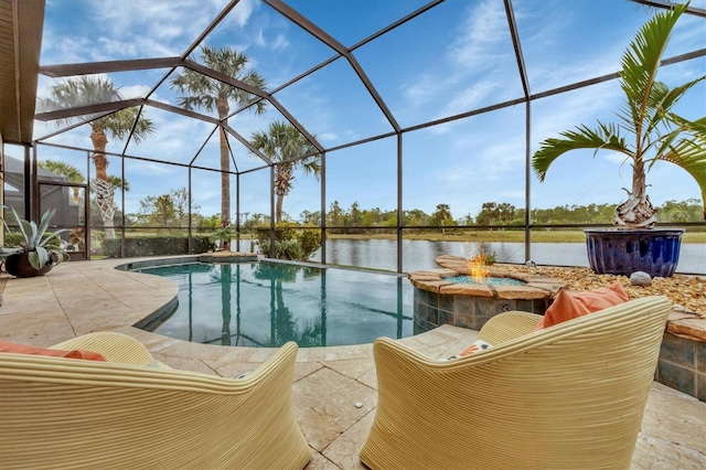 view of swimming pool featuring a jacuzzi, a patio, a water view, and glass enclosure