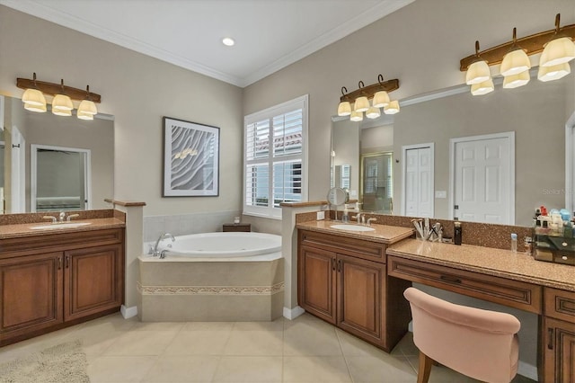 bathroom featuring crown molding, shower with separate bathtub, tile patterned floors, and vanity