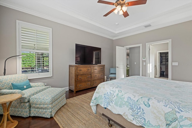 12606 Fontana Loop, Bradenton, FL 34211 - bedroom with wood finished floors, ornamental molding, a raised ceiling, and ceiling fan