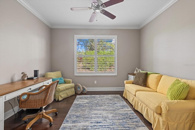 office area featuring ceiling fan, dark hardwood / wood-style flooring, and ornamental molding