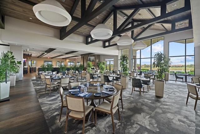 dining room featuring beam ceiling, high vaulted ceiling, a healthy amount of sunlight, and wood ceiling