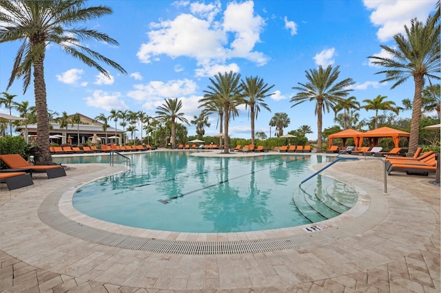 view of pool featuring a gazebo and a patio