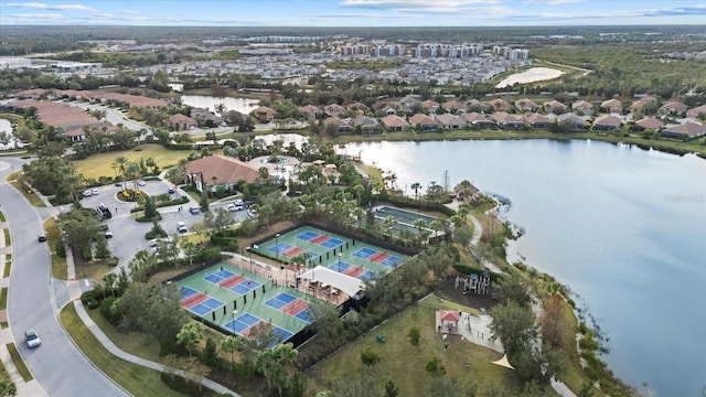 drone / aerial view with a water view