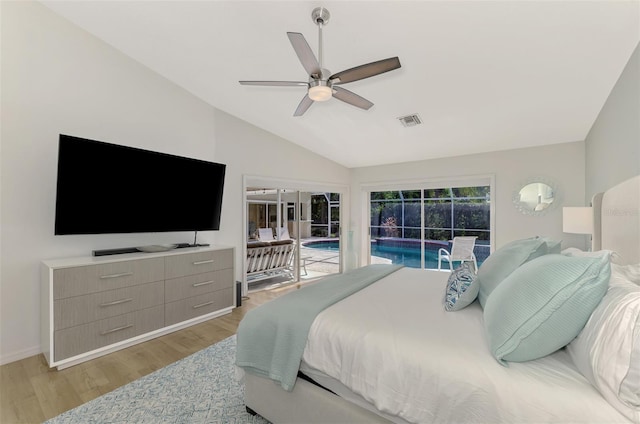 bedroom featuring access to exterior, ceiling fan, vaulted ceiling, and light wood-type flooring