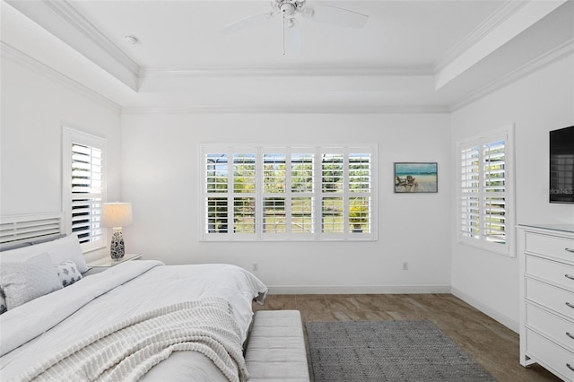 bedroom featuring multiple windows, a tray ceiling, ceiling fan, and ornamental molding