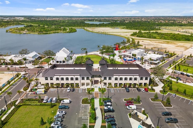 bird's eye view with a water view