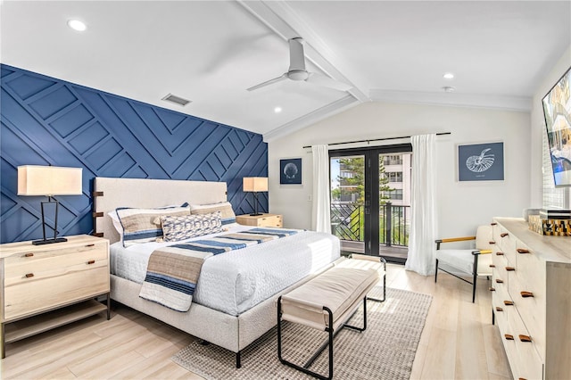 bedroom with access to outside, french doors, vaulted ceiling with beams, ceiling fan, and light wood-type flooring