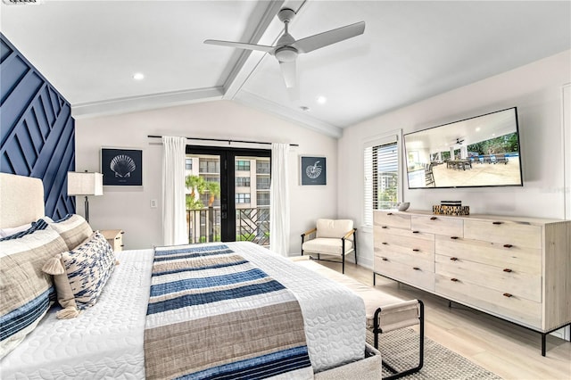 bedroom with access to exterior, french doors, ceiling fan, lofted ceiling with beams, and light hardwood / wood-style floors