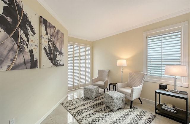 sitting room with light tile patterned flooring and ornamental molding