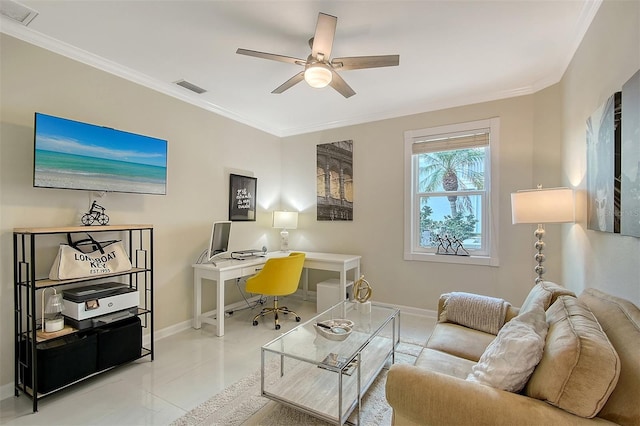 office space with ceiling fan, crown molding, and light tile patterned floors