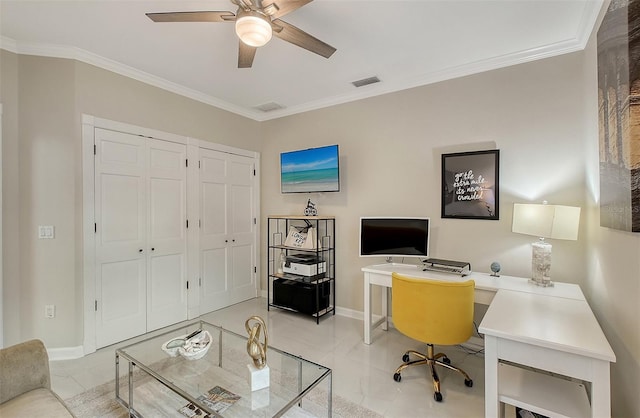 home office with ceiling fan and crown molding