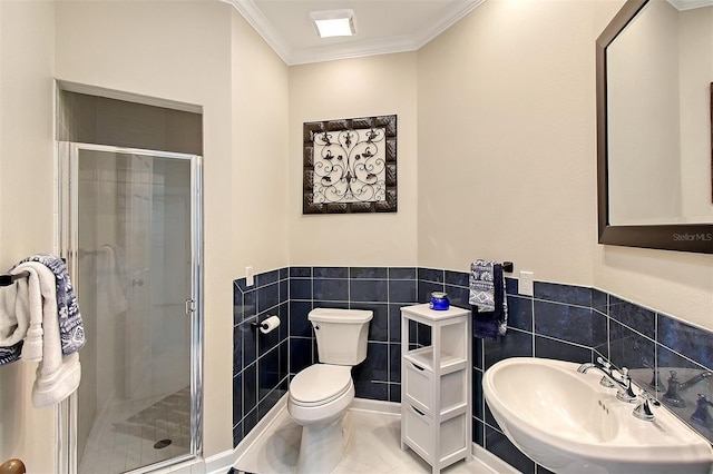 bathroom with a shower with door, sink, tile patterned flooring, toilet, and ornamental molding