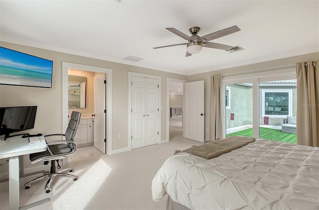 bedroom featuring access to exterior, ceiling fan, light colored carpet, a closet, and ornamental molding