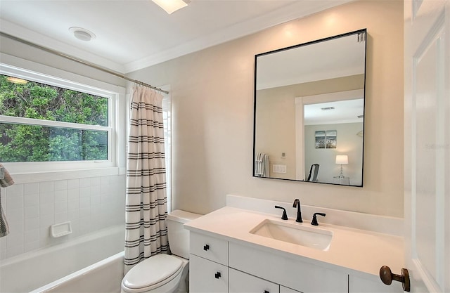 full bathroom featuring shower / bathtub combination with curtain, crown molding, vanity, and toilet