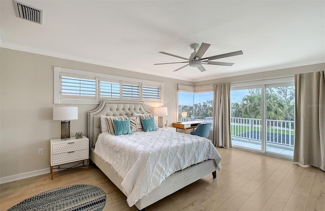 bedroom featuring ceiling fan, light wood-type flooring, crown molding, and access to outside