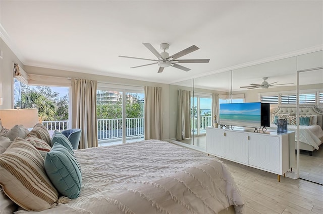 bedroom with ceiling fan, light hardwood / wood-style floors, access to exterior, and ornamental molding