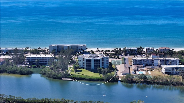 aerial view featuring a water view