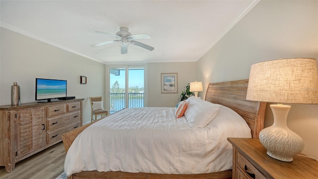 bedroom with access to exterior, ceiling fan, light hardwood / wood-style flooring, and ornamental molding