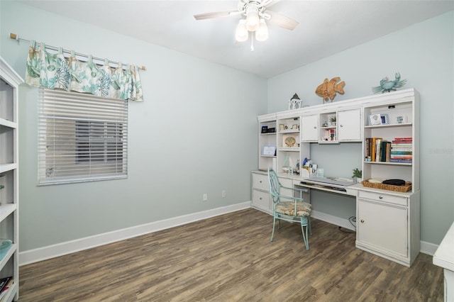 home office with ceiling fan and dark hardwood / wood-style floors