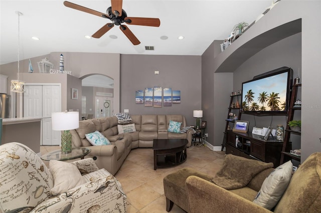 living room featuring ceiling fan