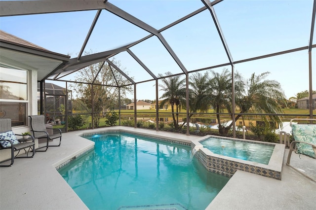 view of swimming pool featuring an in ground hot tub, a water view, a lanai, and a patio area