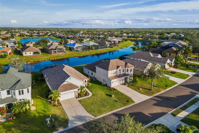 drone / aerial view featuring a water view