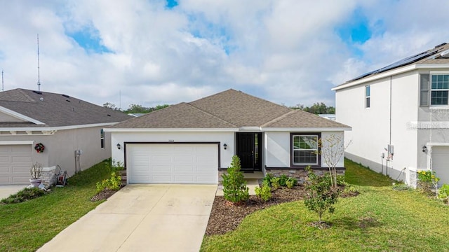 single story home with a garage and a front yard