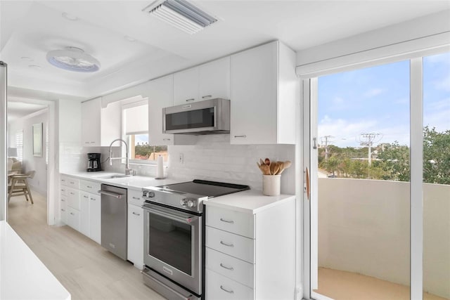 kitchen featuring white cabinetry, sink, backsplash, light hardwood / wood-style floors, and stainless steel appliances