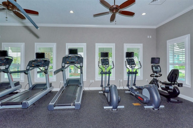 workout area with ceiling fan and crown molding