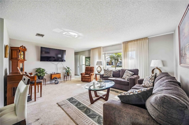 living room with carpet and a textured ceiling