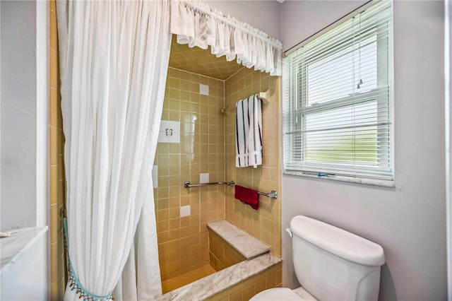 bathroom with a shower with shower curtain and toilet