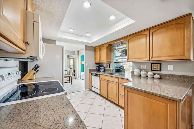 kitchen with dishwasher, sink, range with electric stovetop, a tray ceiling, and light stone counters