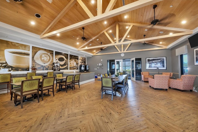 dining room featuring wood ceiling, light parquet floors, ceiling fan, high vaulted ceiling, and beamed ceiling