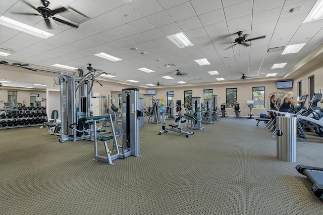 workout area with carpet floors and ceiling fan