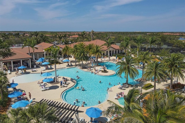 view of swimming pool featuring a patio area