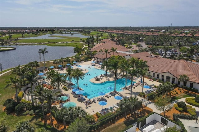 drone / aerial view with a water view