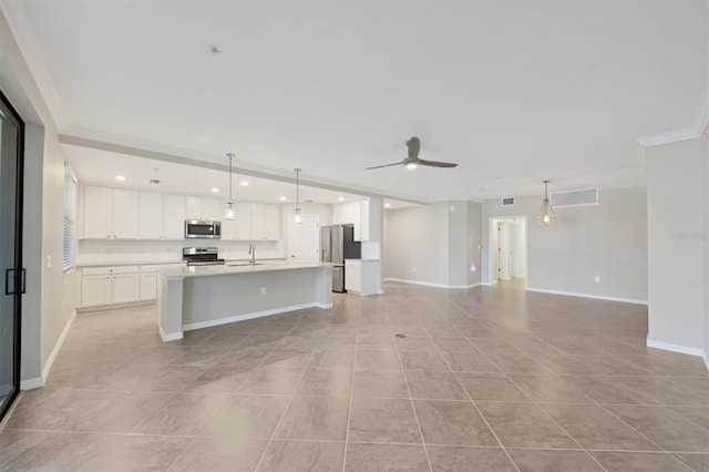 unfurnished living room with light tile patterned flooring, sink, and ceiling fan