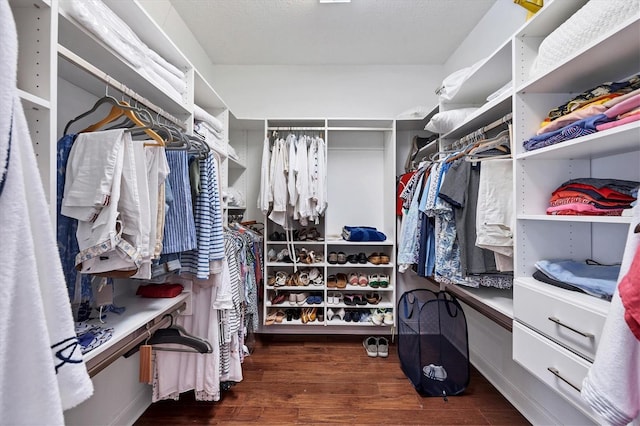 walk in closet with dark hardwood / wood-style floors