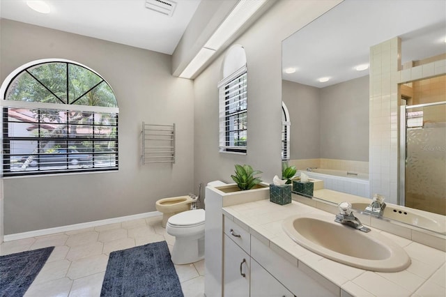 full bathroom with tile patterned floors, vanity, a bidet, shower with separate bathtub, and toilet