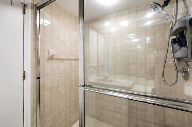 bathroom featuring a shower with door