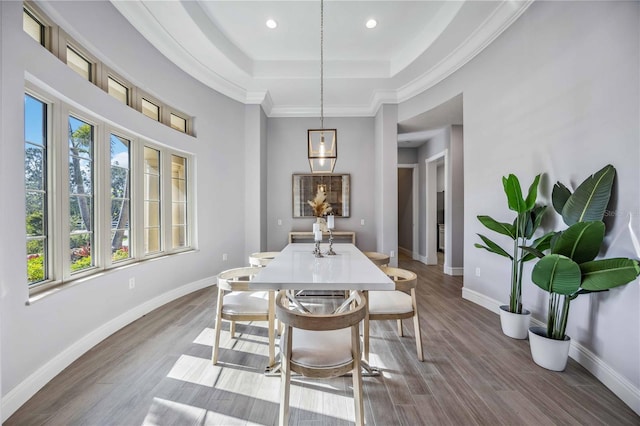 dining area featuring wood-type flooring, a tray ceiling, and ornamental molding