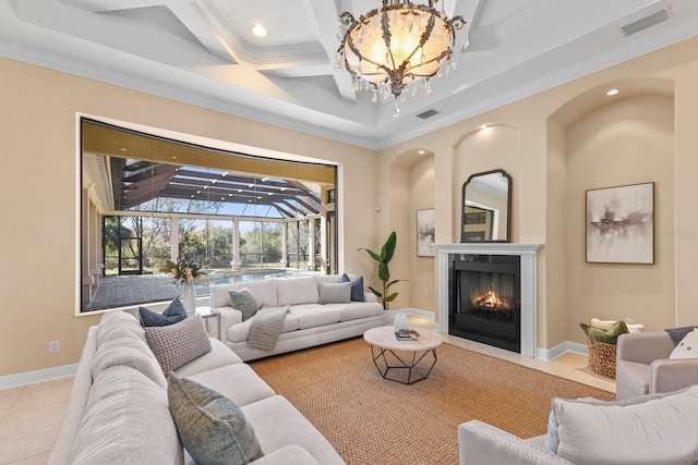 tiled living room with crown molding, a towering ceiling, coffered ceiling, and a chandelier