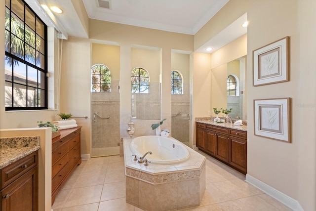 bathroom with crown molding, shower with separate bathtub, a wealth of natural light, and vanity