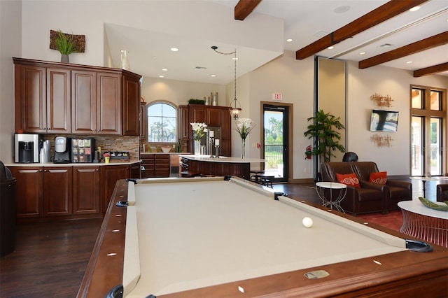 game room with dark hardwood / wood-style flooring, beamed ceiling, and billiards